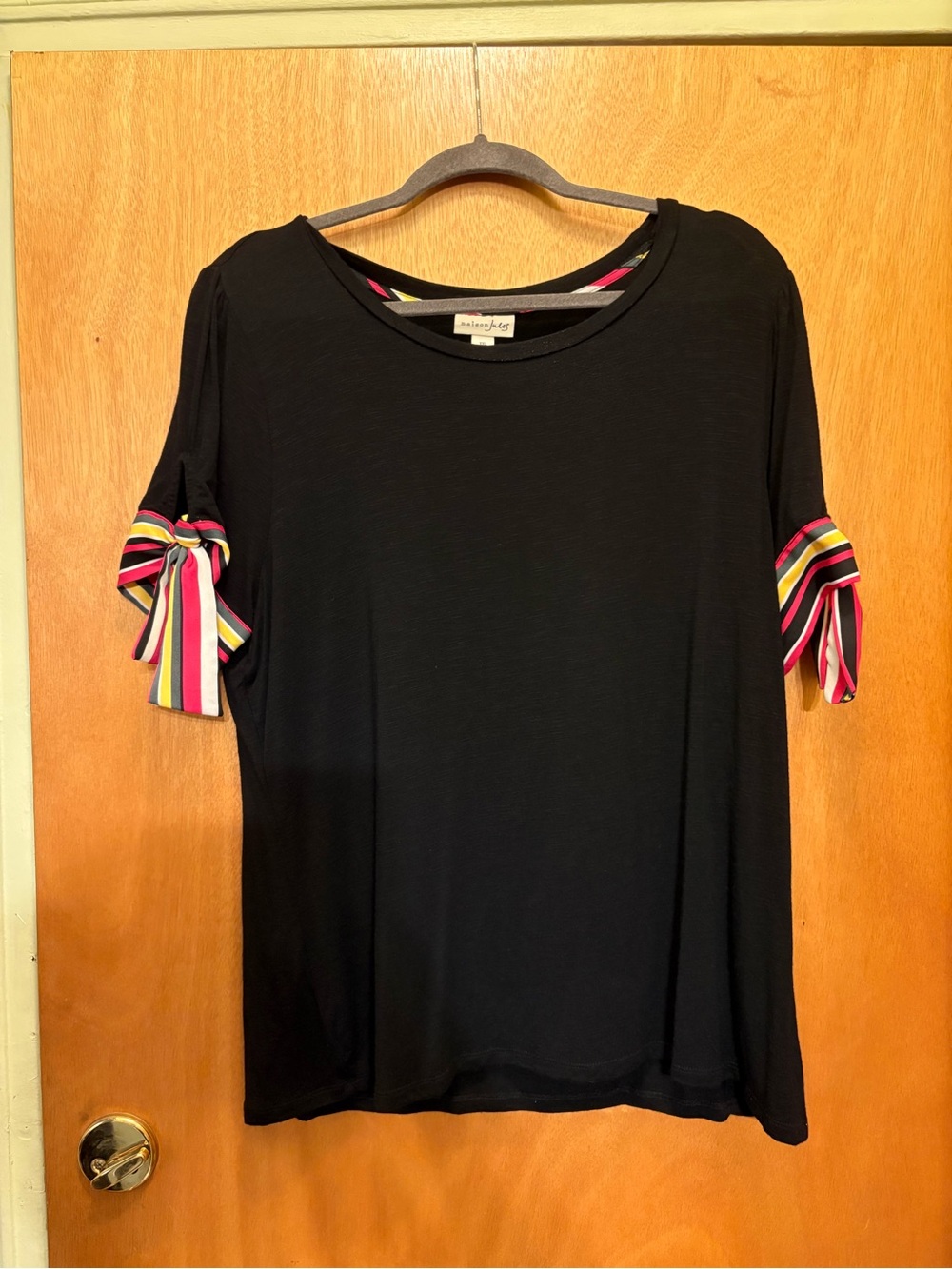 Maison Jules Black Short Sleeve Top with Striped Sleeve Bows